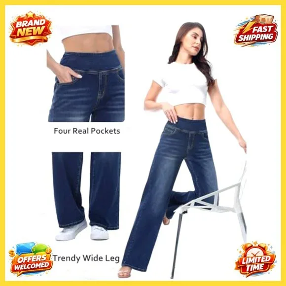 High Waisted Wide Leg Jeans, Stretchy Tummy Control, Pull On Straight Leg Denim
